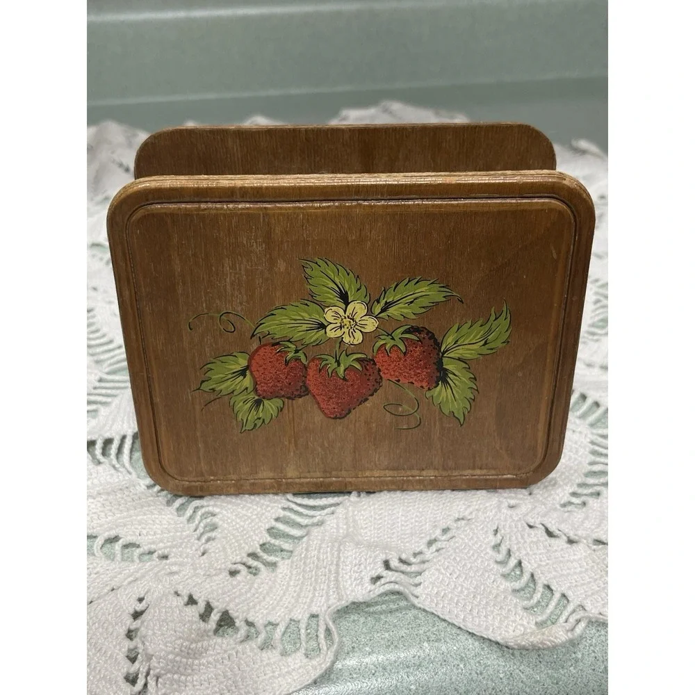 Vintage Wooden Napkin Holder Hand Painted Strawberry Design Cottage Grandma Core